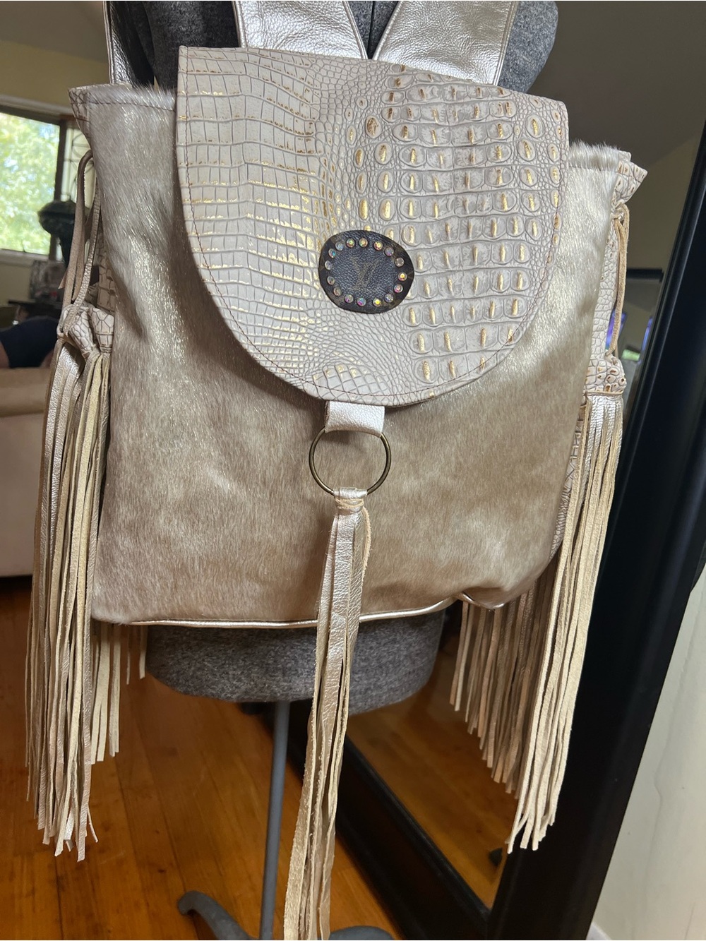 Keep It Gypsy Cream Gold Hair-On Hide Fringe Backpack – Never Used